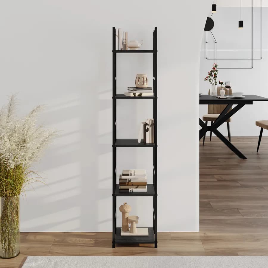 Libreria 5 ripiani 144h cm in acciaio nero e legno rovere nero - Duke