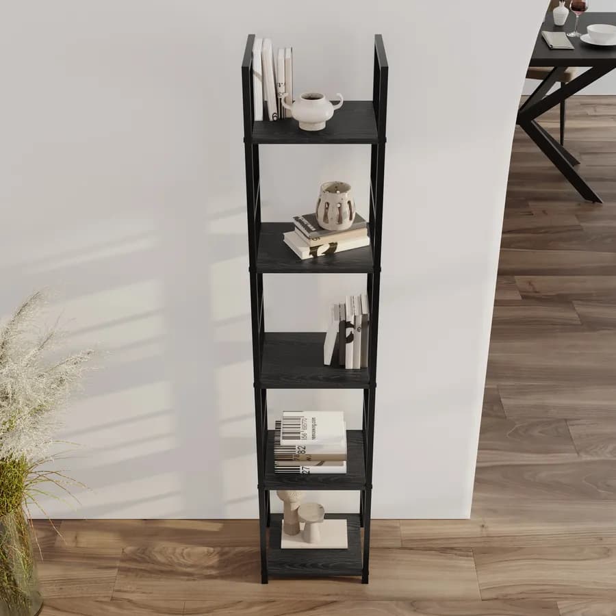 Libreria 5 ripiani 144h cm in acciaio nero e legno rovere nero - Duke