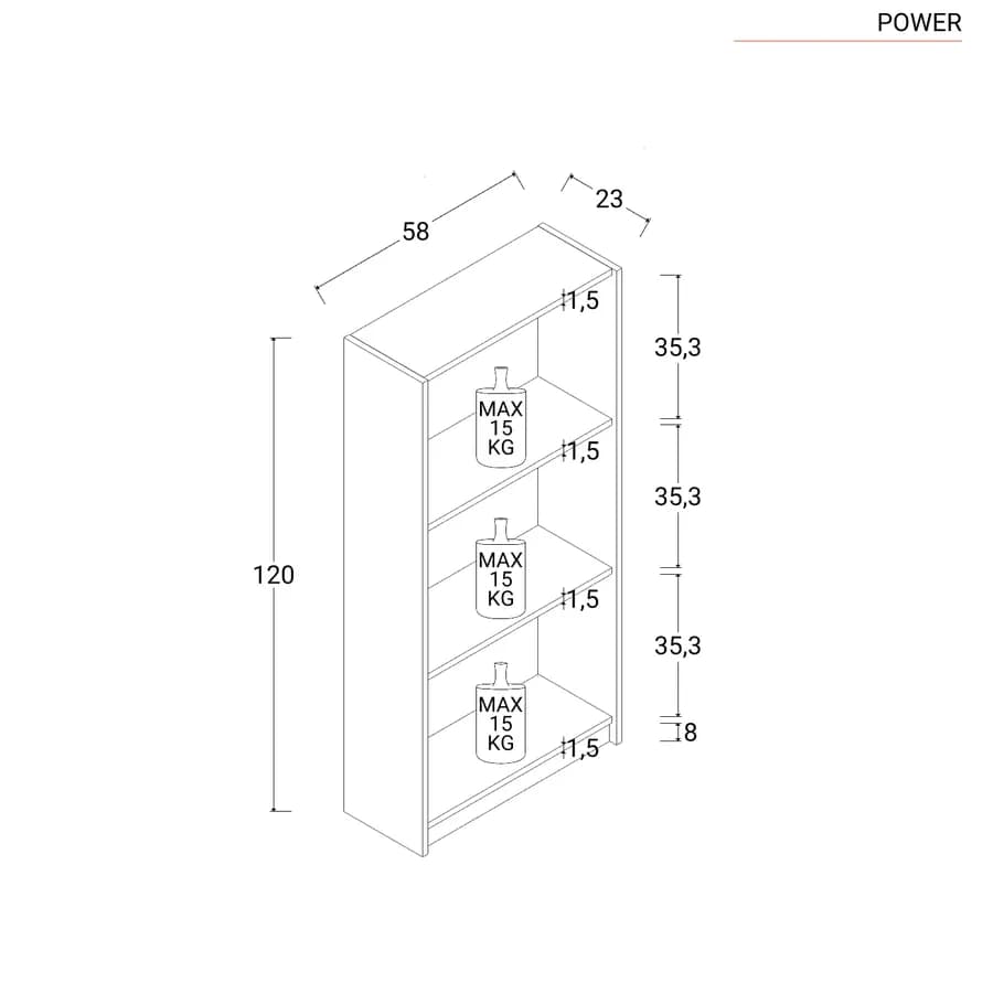 Libreria 58x120h cm in legno bianco con 3 ripiani - Power