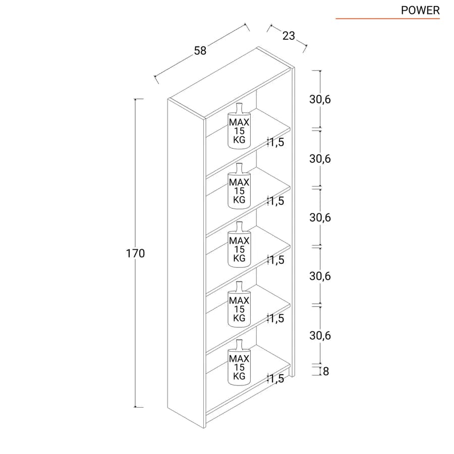 Libreria 58x170h cm in legno bianco con 5 ripiani - Power
