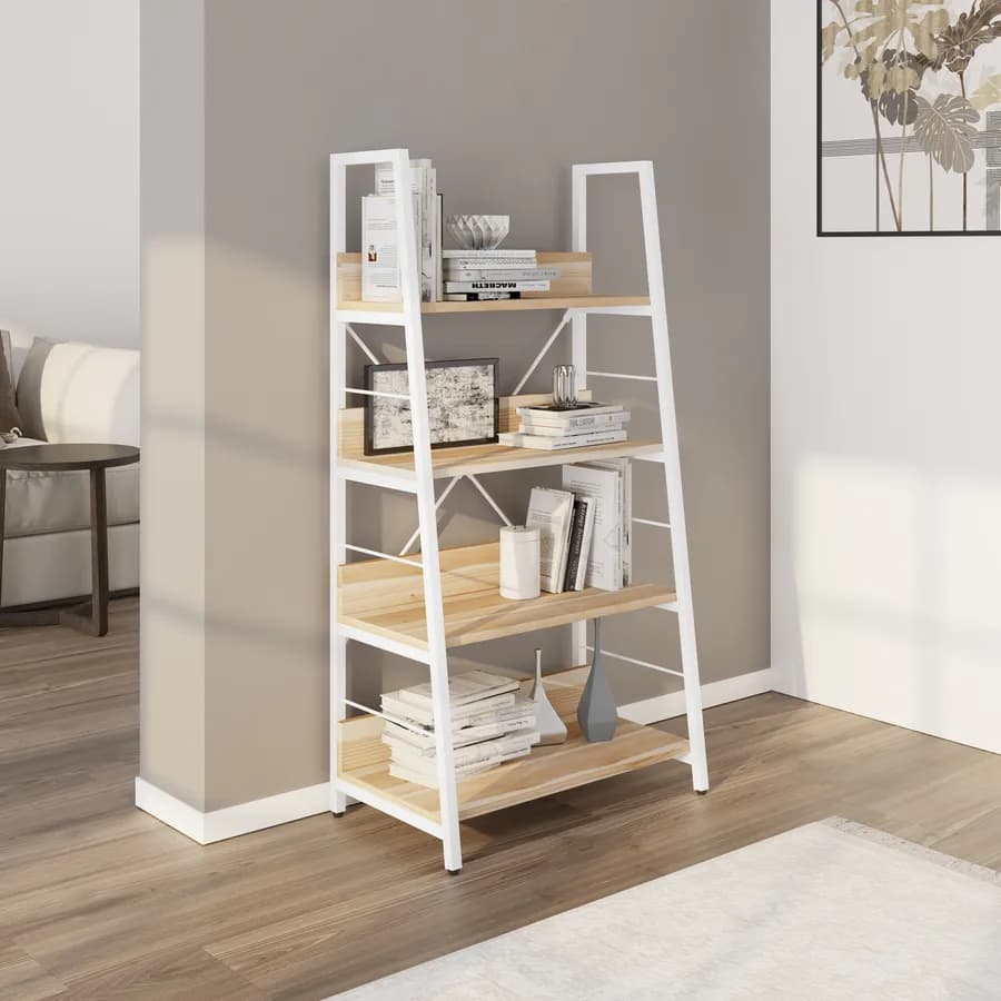 Libreria 60 x 117h cm con ripiani effetto rovere e montanti obliqui in metallo bianco - Caio
