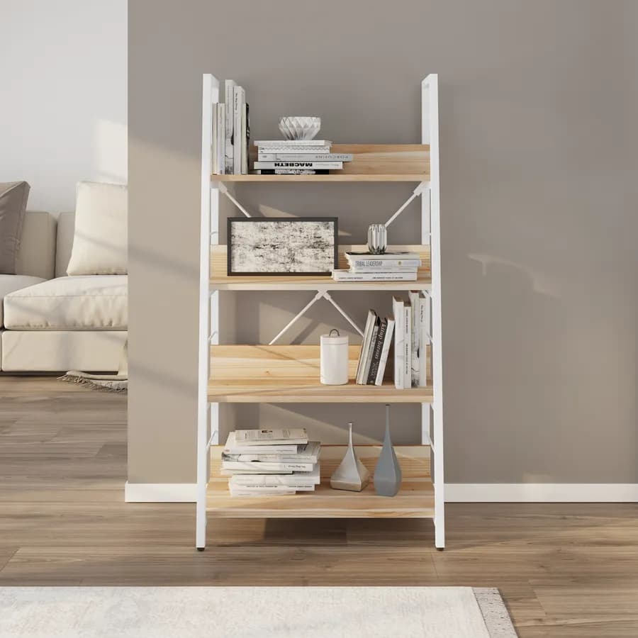 Libreria 60 x 117h cm con ripiani effetto rovere e montanti obliqui in metallo bianco - Caio