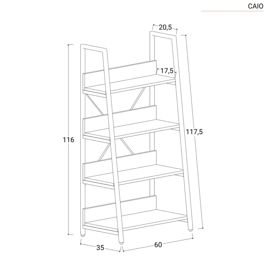 Libreria 60 x 117h cm con ripiani effetto rovere e montanti obliqui in metallo bianco - Caio