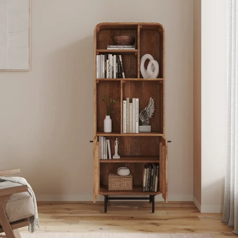 Libreria 60x160h cm in legno di mango cannettato con 2 ante - Mumbai