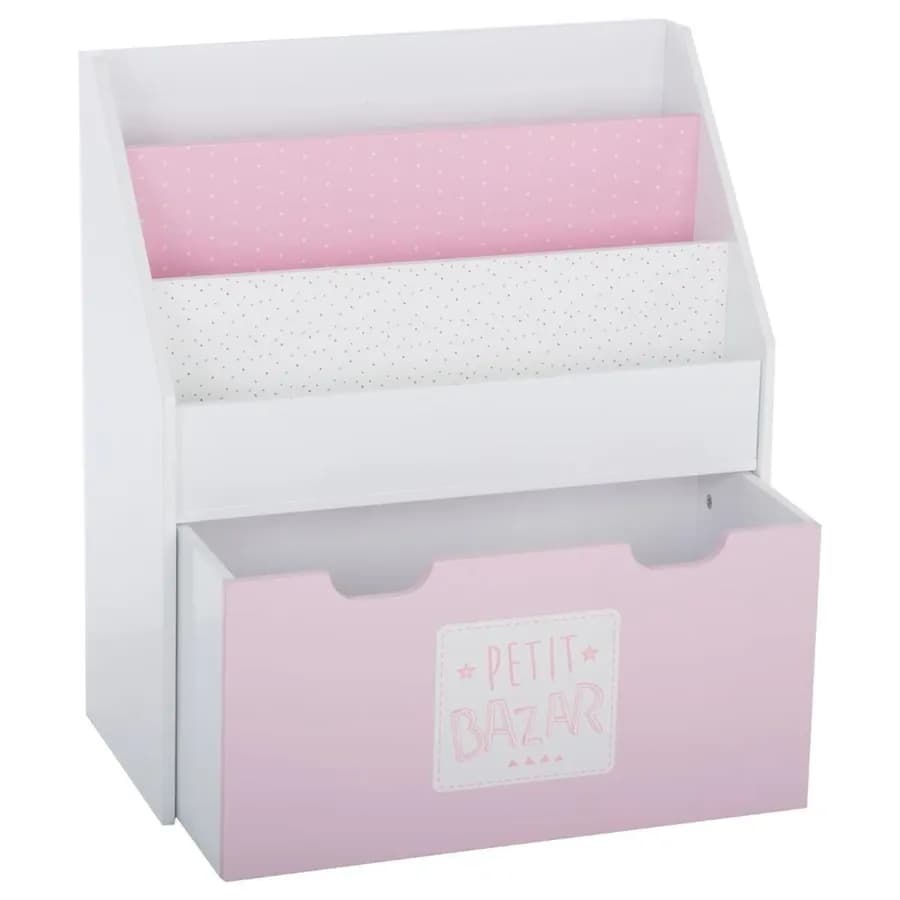 Libreria 63x70h cm in legno bianco e rosa con cassetto e rotelle - Kids