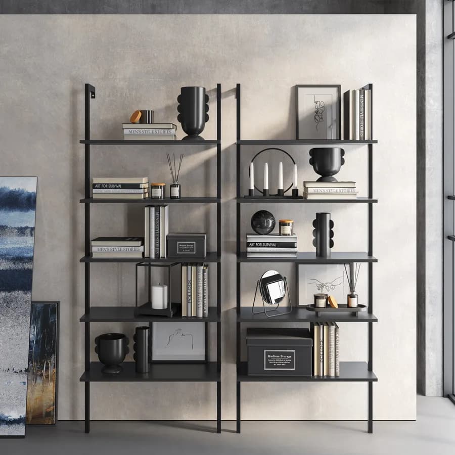 Libreria 70x180h cm ripiani antracite e struttura in acciaio nero - Multipla