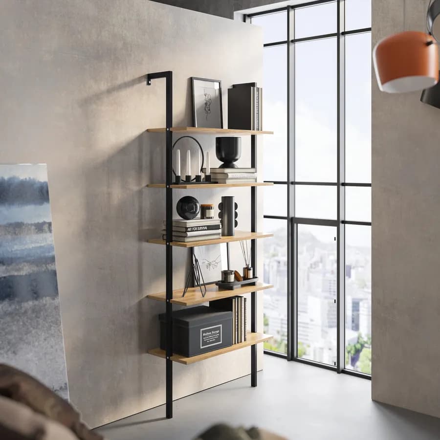 Libreria 70x180h cm ripiani effetto rovere e struttura in acciaio nero - Multipla