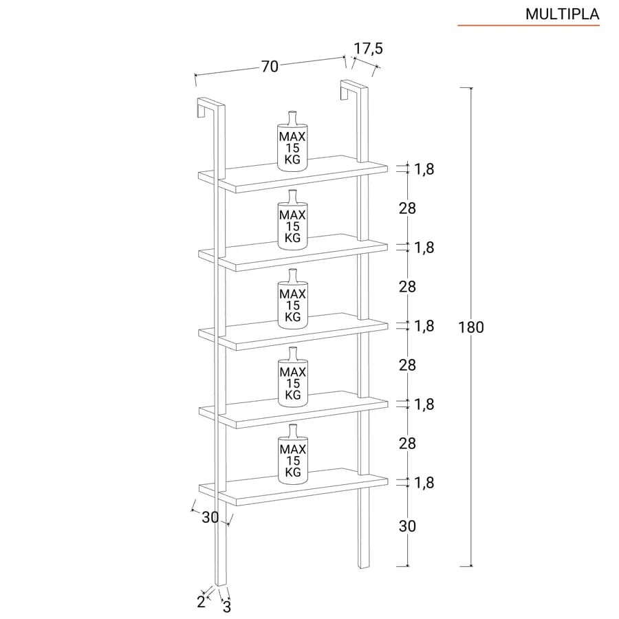 Libreria 70x180h cm ripiani bianchi e struttura in acciaio opaco - Multipla