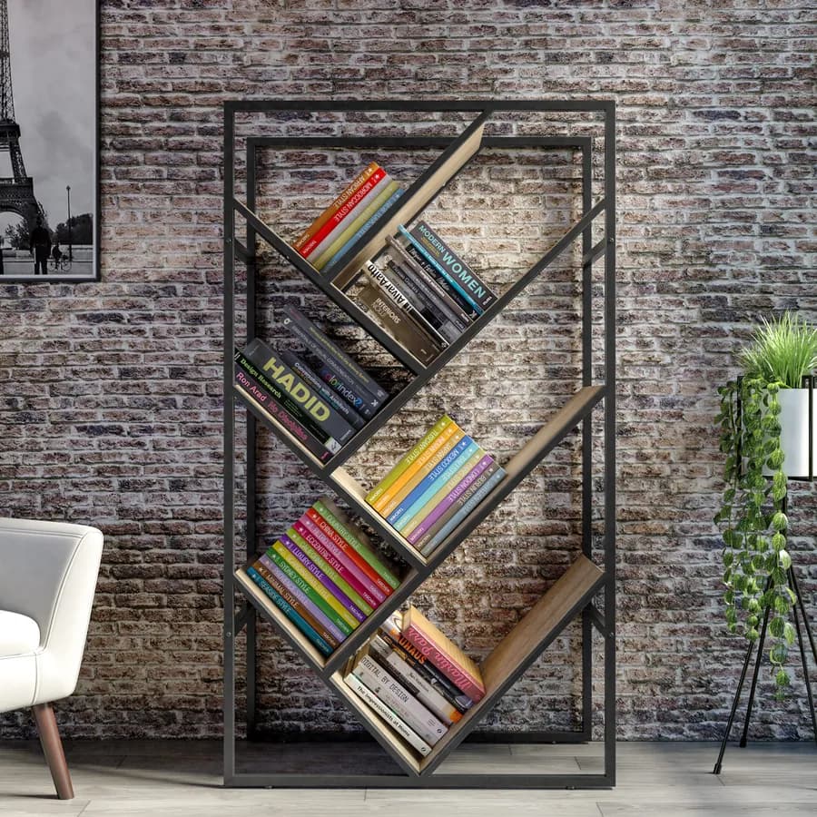 Libreria 80x140h cm con ripiani inclinati effetto rovere sussex e struttura in metallo nero - Apta