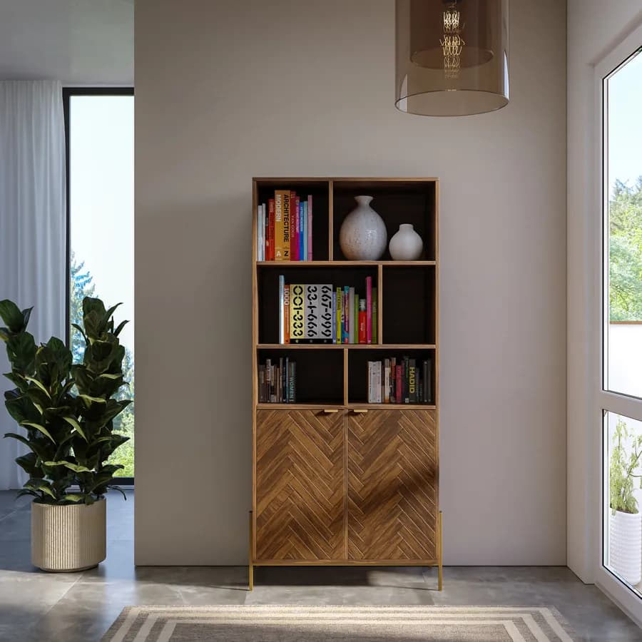 Libreria 80x172h cm in legno noce effetto parquet con 2 ante e struttura in metallo oro bronzato - Mufasa