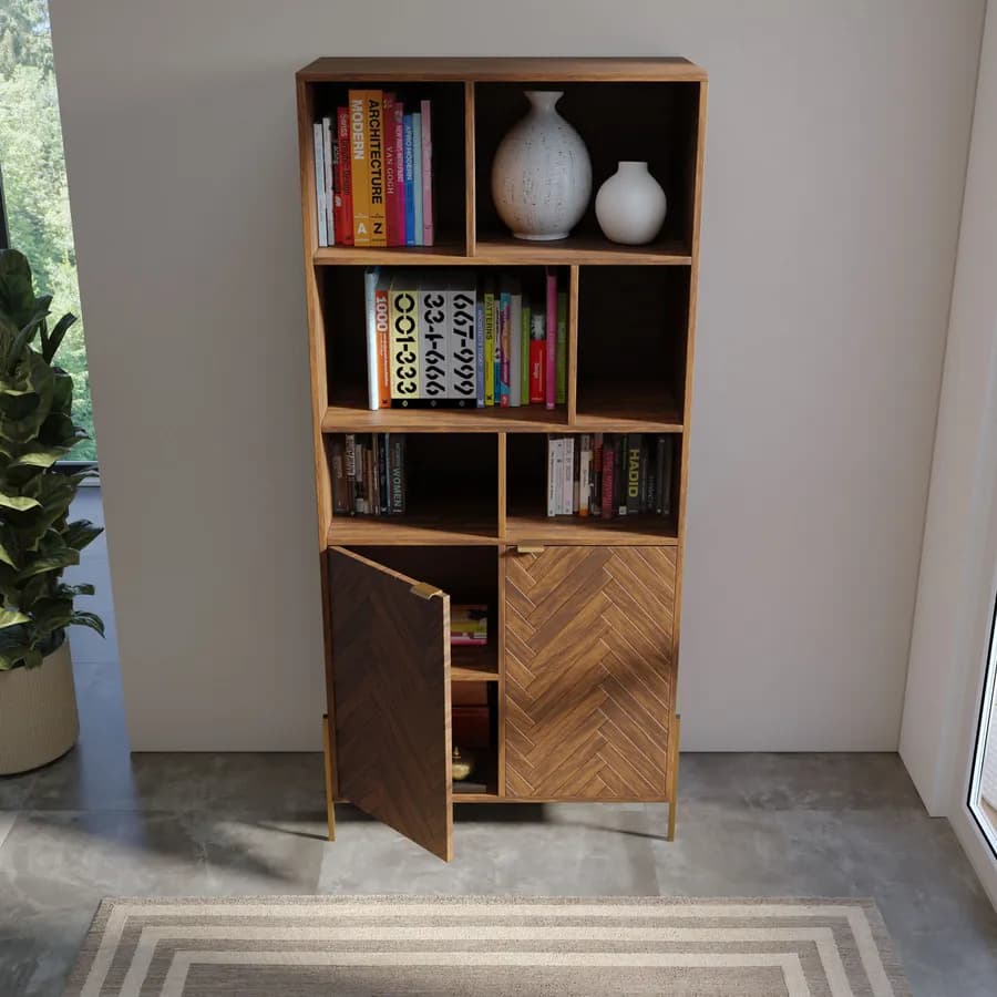 Libreria 80x172h cm in legno noce effetto parquet con 2 ante e struttura in metallo oro bronzato - Mufasa