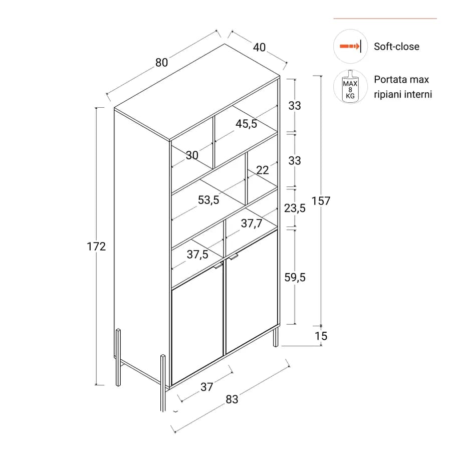 Libreria 80x172h cm in legno noce effetto parquet con 2 ante e struttura in metallo oro bronzato - Mufasa