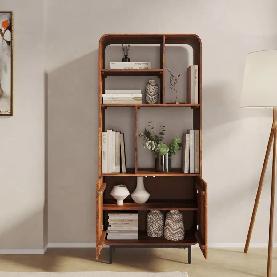 Libreria 80x180h cm in legno di mango scuro cannettato con 2 ante push pull - Kanpur