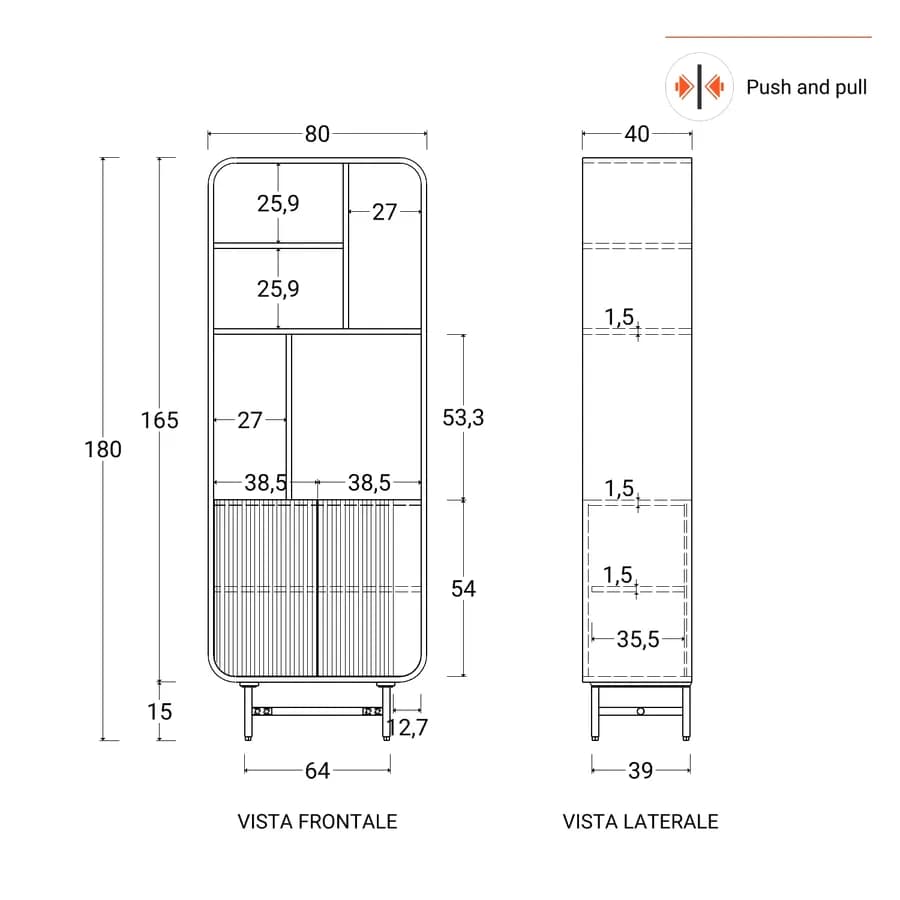 Libreria 80x180h cm in legno di mango scuro cannettato con 2 ante push pull - Kanpur