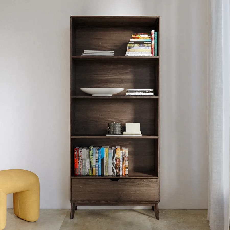 Libreria 80x180h cm in legno rovere kover con 4 vani a giorno e 1 cassetto - Ember