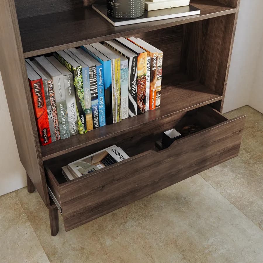 Libreria 80x180h cm in legno rovere kover con 4 vani a giorno e 1 cassetto - Ember