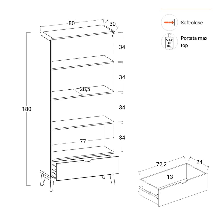 Libreria 80x180h cm in legno rovere kover con 4 vani a giorno e 1 cassetto - Ember