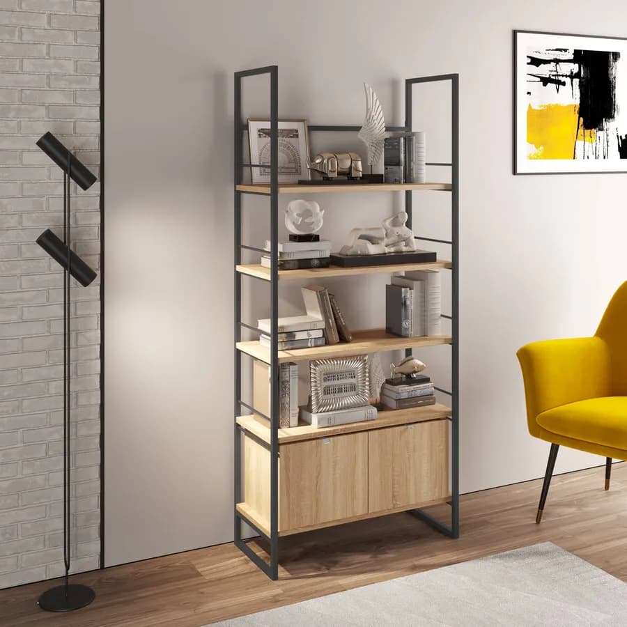 Libreria 80x180h cm in metallo nero con 2 ante e ripiani effetto rovere - Multipla