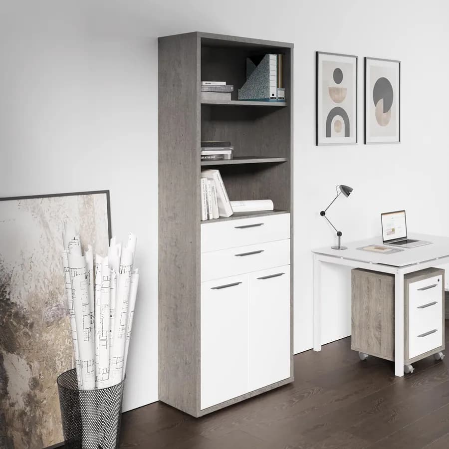 Libreria 82x217h cm grigio cemento con 2 ante e 2 cassetti bianco lucido- Homely office
