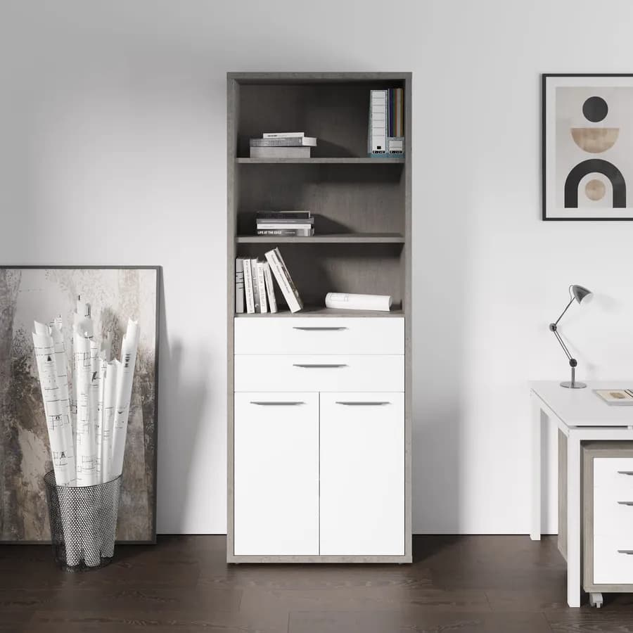 Libreria 82x217h cm grigio cemento con 2 ante e 2 cassetti bianco lucido- Homely office