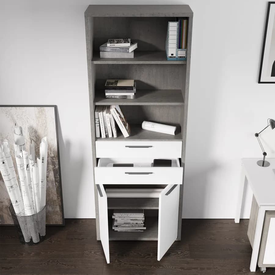Libreria 82x217h cm grigio cemento con 2 ante e 2 cassetti bianco lucido- Homely office