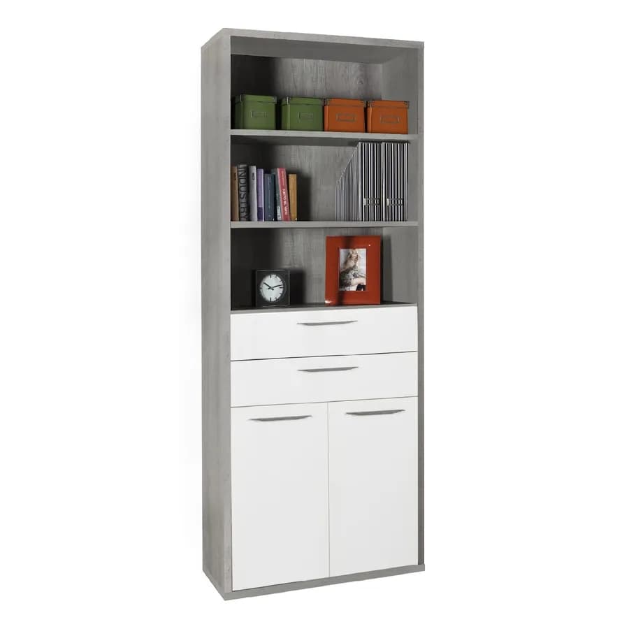 Libreria 82x217h cm grigio cemento con 2 ante e 2 cassetti bianco lucido- Homely office