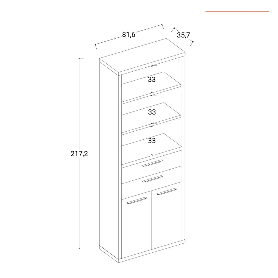 Libreria 82x217h cm grigio cemento con 2 ante e 2 cassetti bianco lucido- Homely office