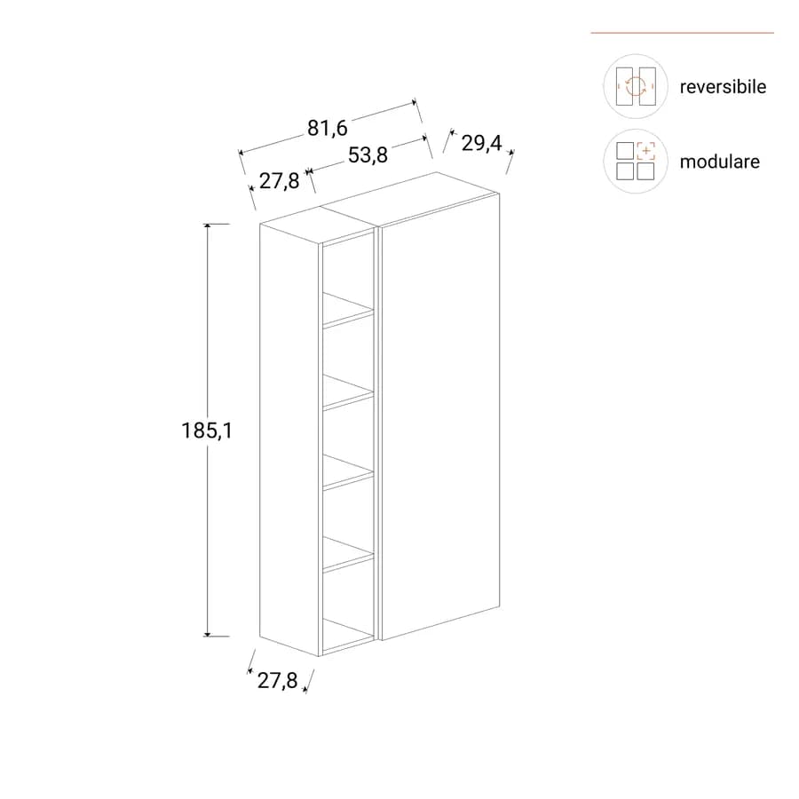 Libreria 82x185h cm 2 elementi piombo con vani a giorno e anta - Clary