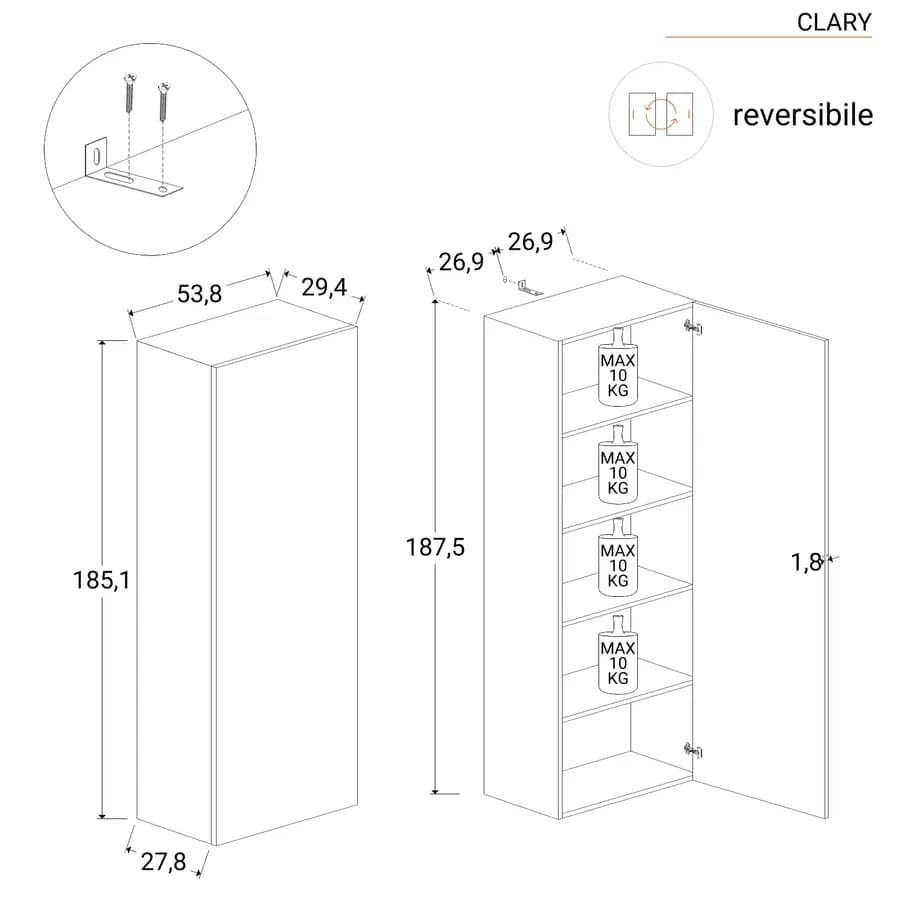 Libreria 82x185h cm 2 elementi piombo con vani a giorno e anta - Clary