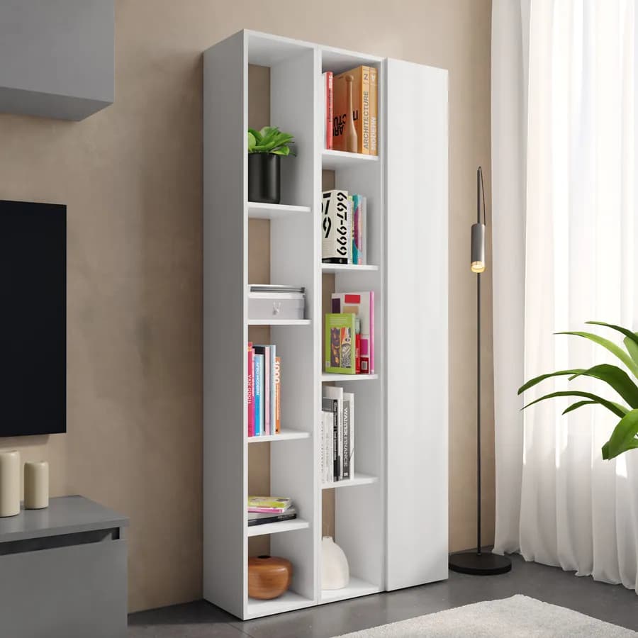 Libreria 83x185h cm 3 elementi bianco lucido con vani a giorno e anta - Clary