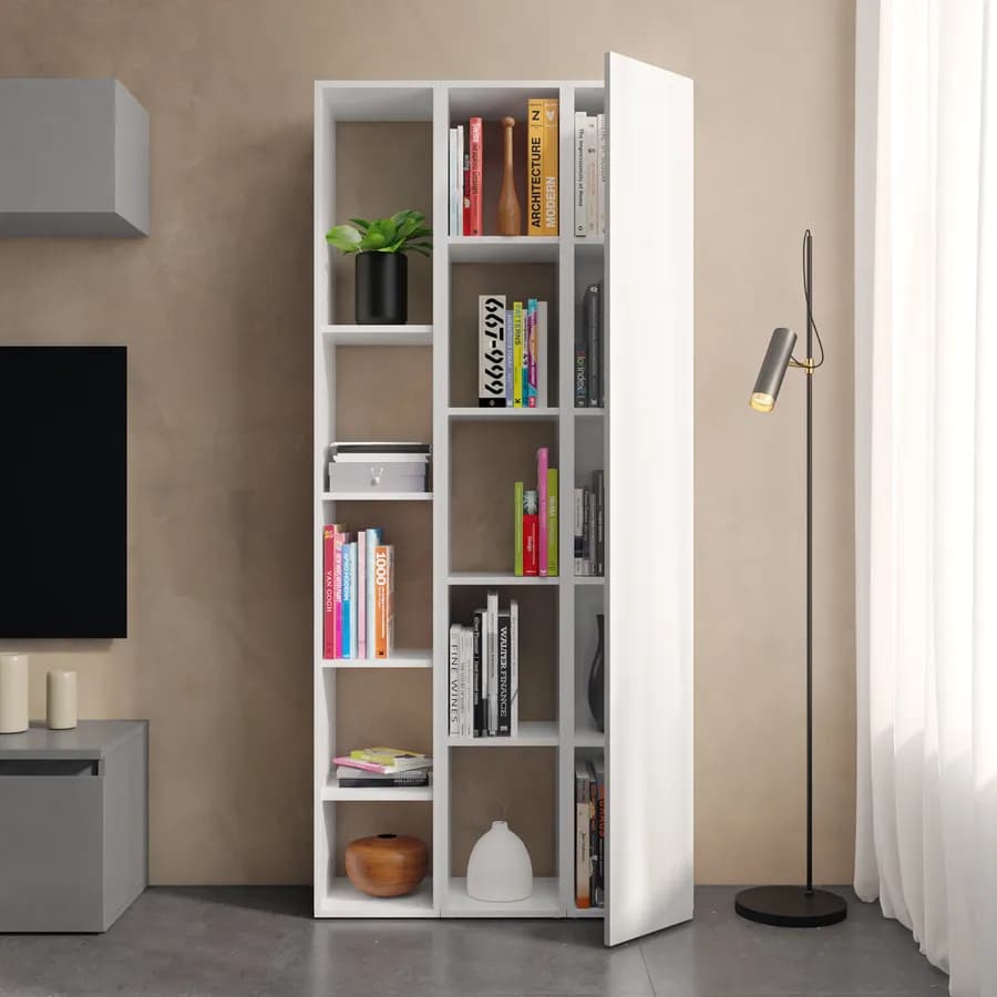 Libreria 83x185h cm 3 elementi bianco lucido con vani a giorno e anta - Clary