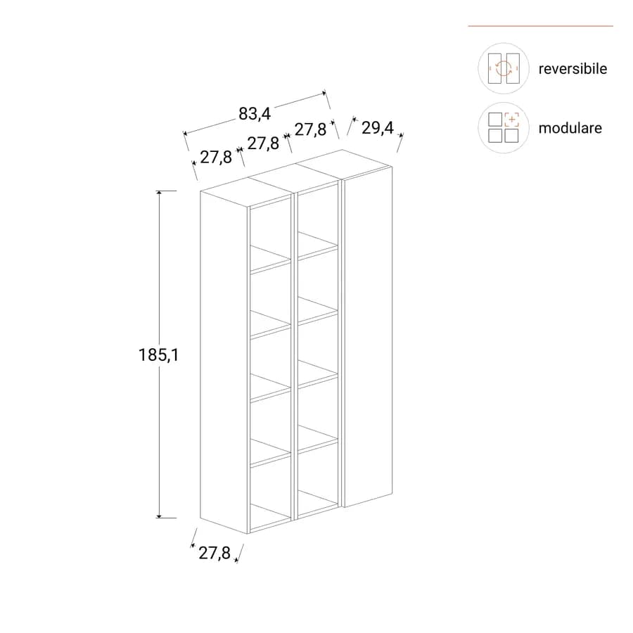 Libreria 83x185h cm 3 elementi bianco lucido con vani a giorno e anta - Clary