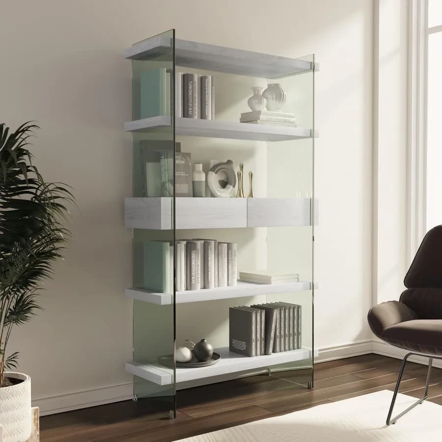 Libreria 90x180h cm in vetro temperato con ripiani e cassetti in legno bianco - City
