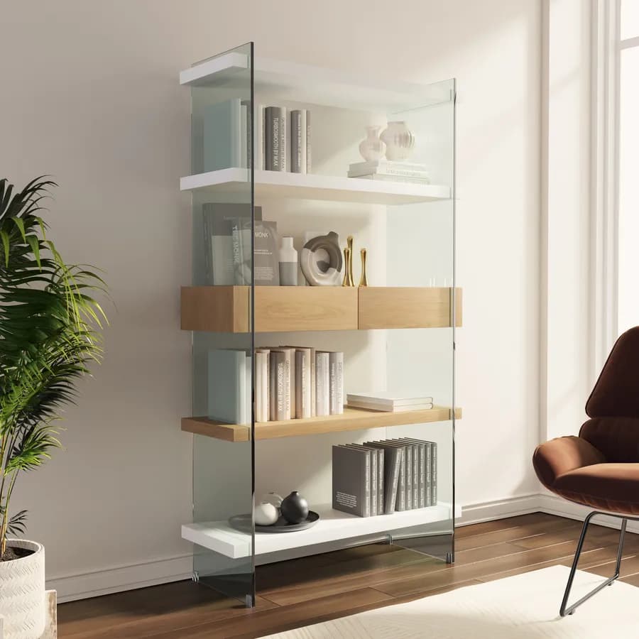 Libreria 90x180h cm in vetro temperato con ripiani e cassetti bianco e rovere - City