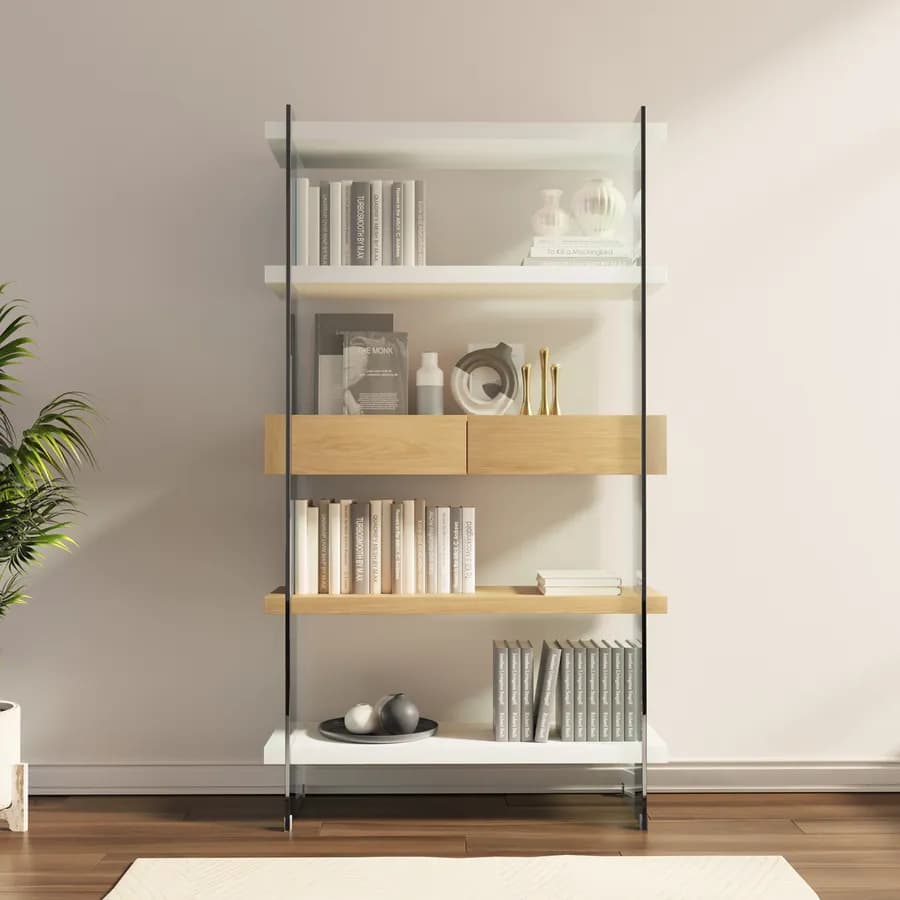 Libreria 90x180h cm in vetro temperato con ripiani e cassetti bianco e rovere - City