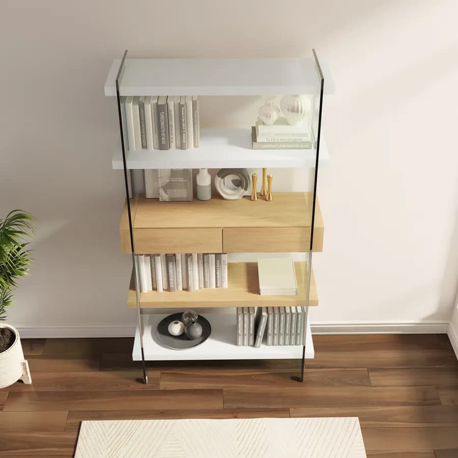 Libreria 90x180h cm in vetro temperato con ripiani e cassetti bianco e rovere - City