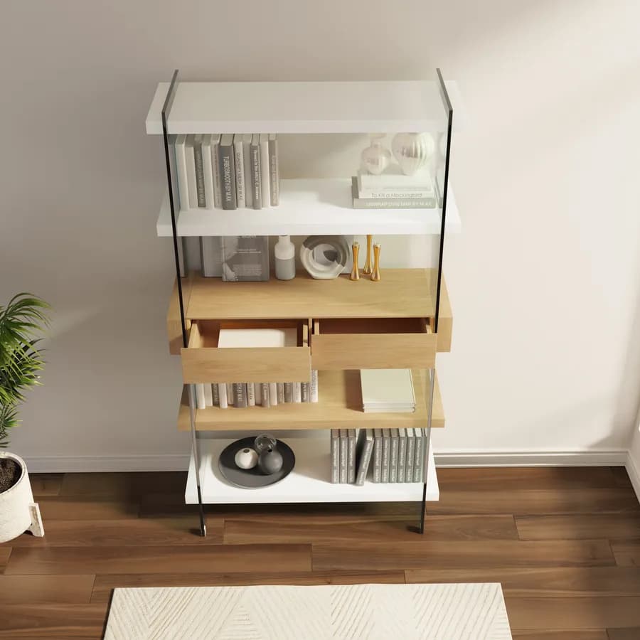 Libreria 90x180h cm in vetro temperato con ripiani e cassetti bianco e rovere - City
