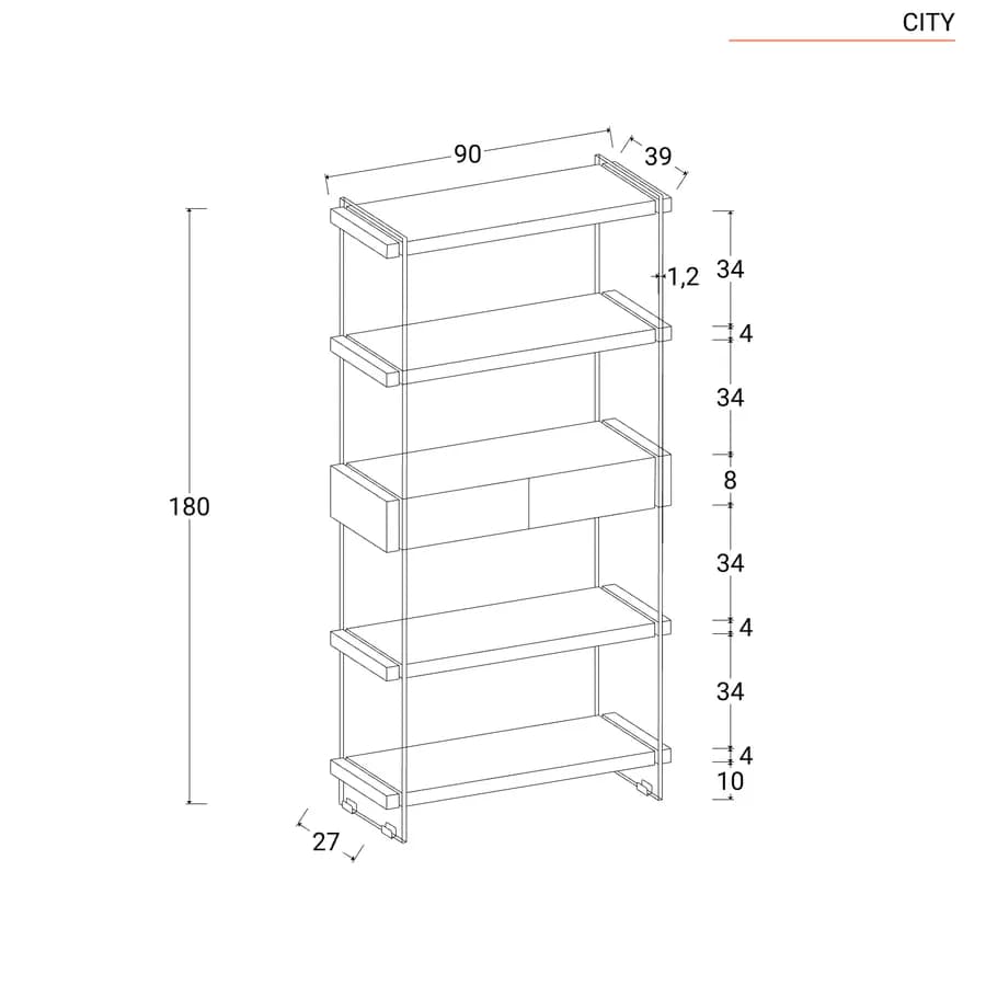 Libreria 90x180h cm in vetro temperato con ripiani e cassetti bianco e rovere - City