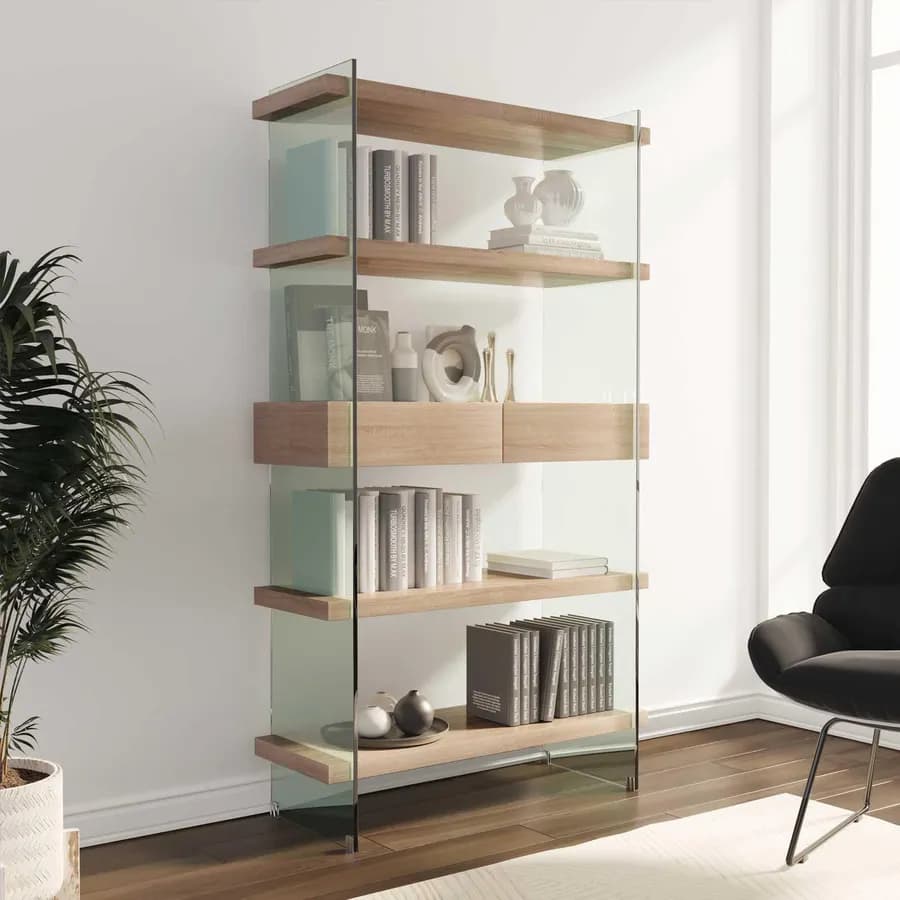 Libreria 90x180h cm in vetro temperato con ripiani e cassetti rovere - City