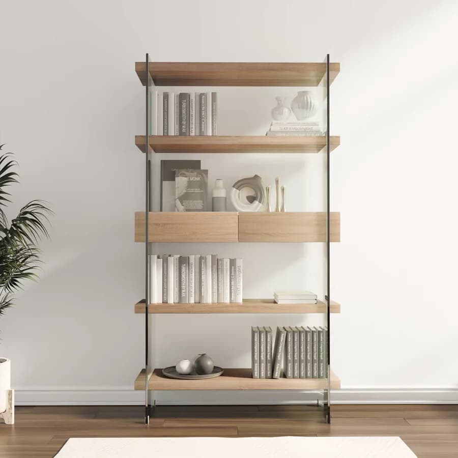 Libreria 90x180h cm in vetro temperato con ripiani e cassetti rovere - City