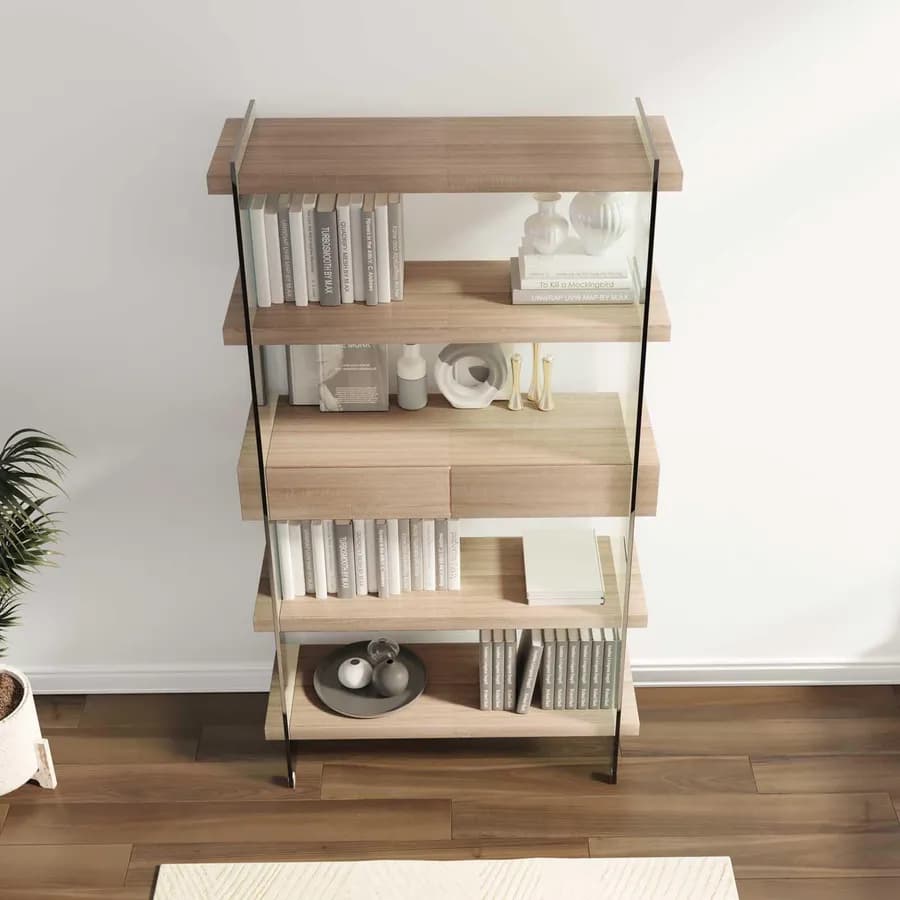 Libreria 90x180h cm in vetro temperato con ripiani e cassetti rovere - City