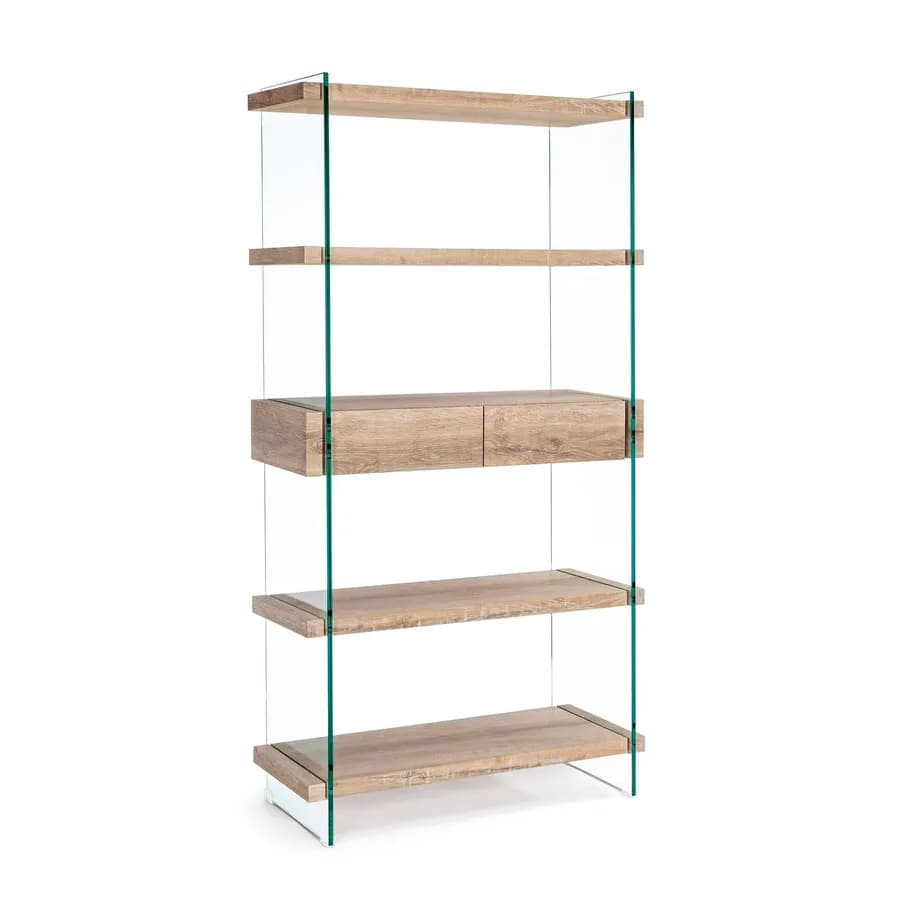 Libreria 90x180h cm in vetro temperato con ripiani e cassetti rovere - City