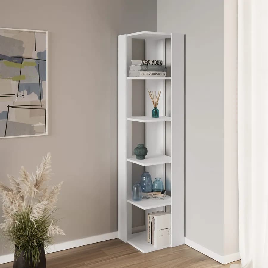 Libreria ad angolo 34x161h cm bianco con 5 ripiani - Kantiko