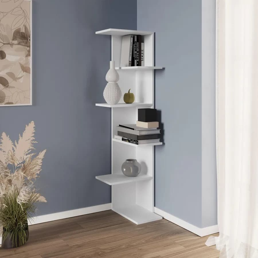Libreria ad angolo 37x141h cm in legno bianco 5 ripiani - Kantiko