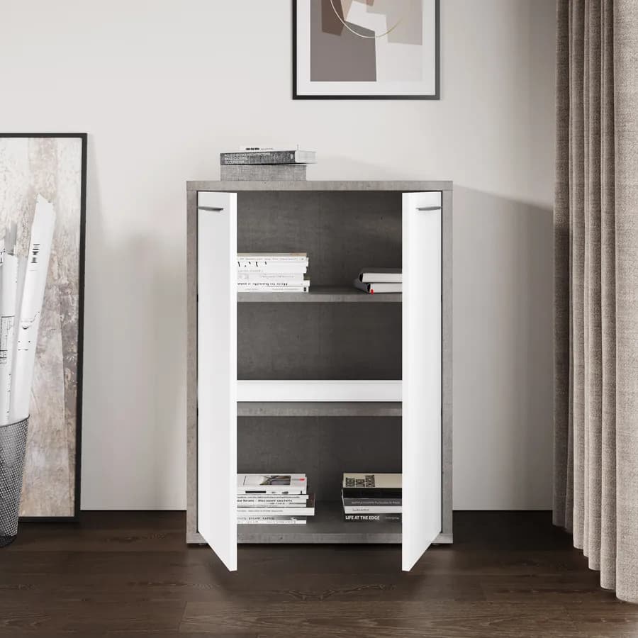 Mobile multiuso 80x112h cm grigio cemento con 2 ante bianco lucido - Homely office