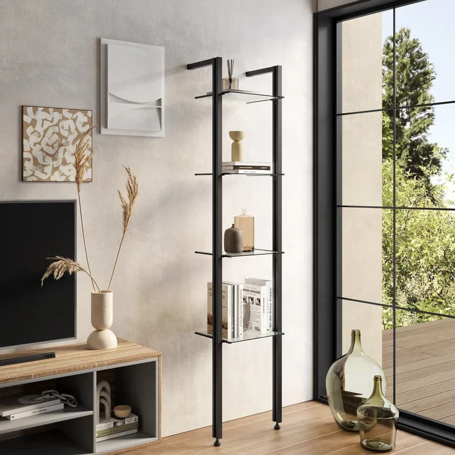 Libreria regolabile 42x190-200h cm in alluminio nero con 4 ripiani in vetro temperato - Zed