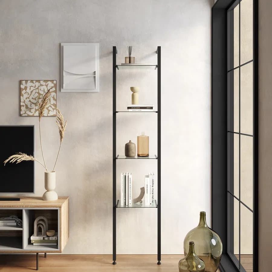 Libreria regolabile 42x190-200h cm in alluminio nero con 4 ripiani in vetro temperato - Zed