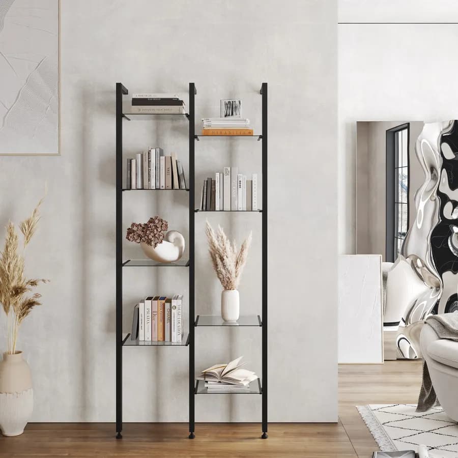Libreria regolabile 82x190-200h cm in alluminio nero con 8 ripiani in vetro temperato - Zed