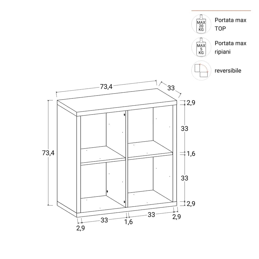 Libreria modulare 74x74h cm con 4 vani antracite - Tactik