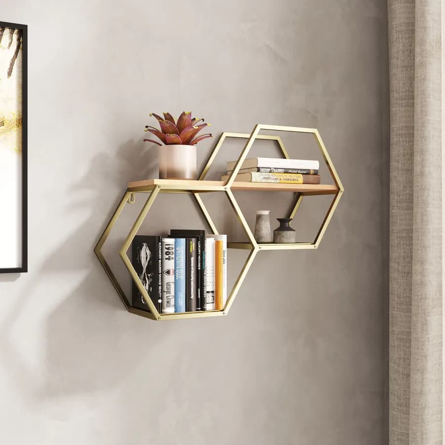 Libreria sospesa 54x42h cm in metallo oro e rovere chiaro - Tiska